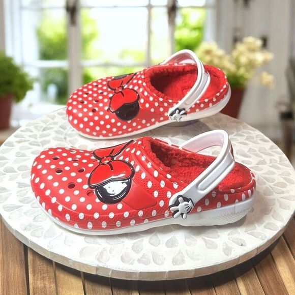 Crocs Kids Minnie Mouse Lined Classic Clog Red Polka Dot Cozy Disney Parks Size - Picture 7 of 12